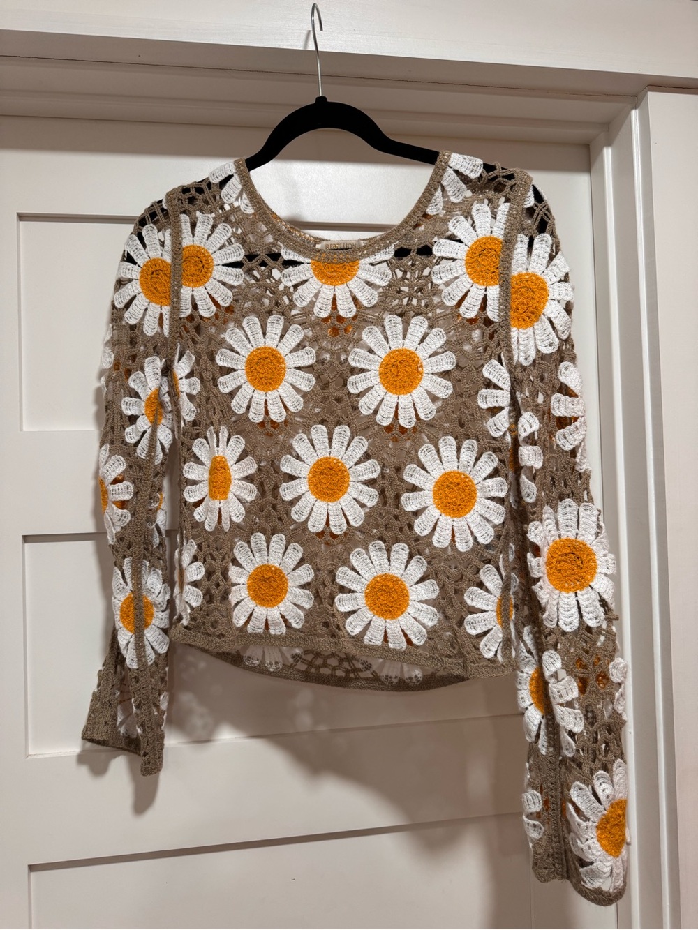 Rebellion Brown Crochet Daisy Pullover with White & Yellow Flowers